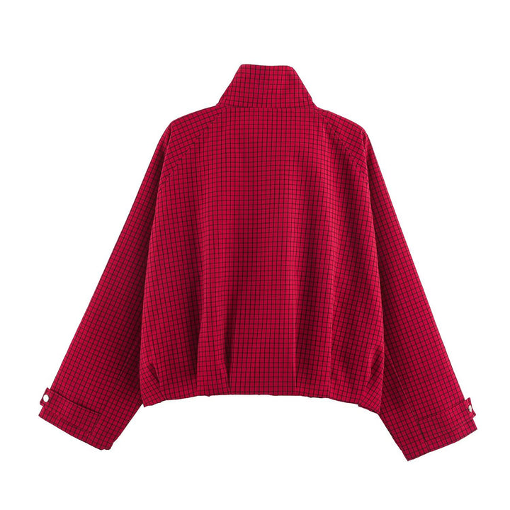 Women Checked Cropped Blouson with High Standing Collar, Loose Fit and Snap Button Cuffs Drune