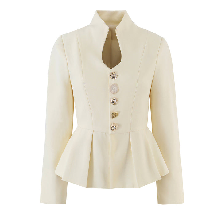 Women's Tailored Peplum Blazer with Stand Collar and Decorative Button Placket Mune Fashion