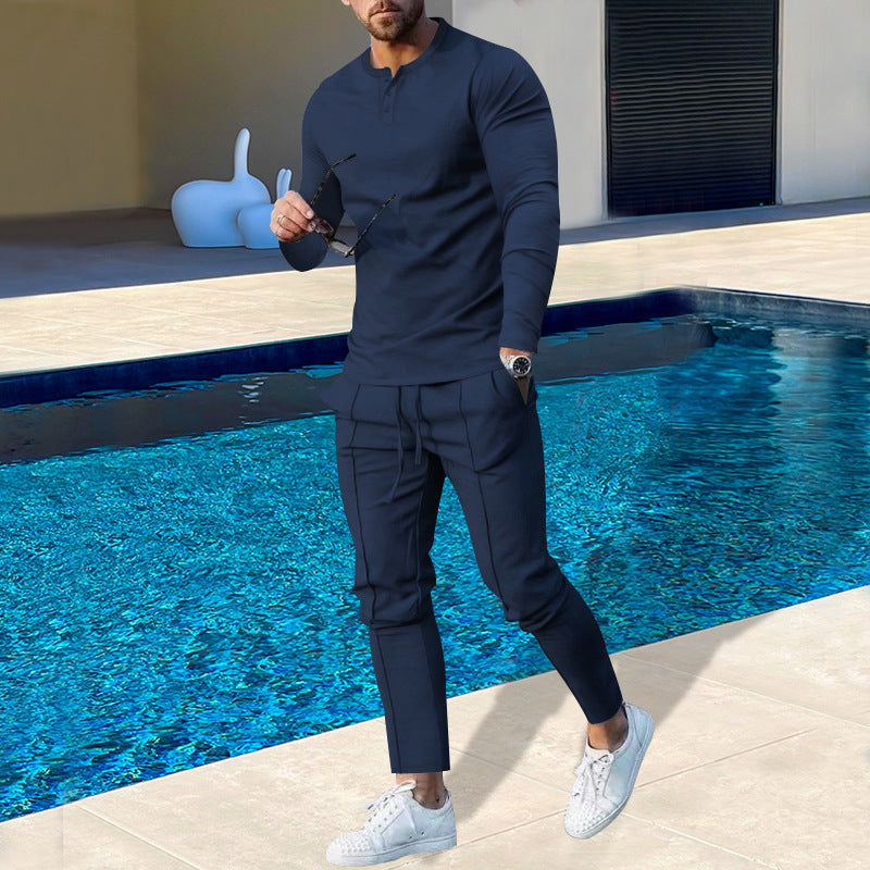 Men's nano athletic Henley long sleeve shirt and tapered jogging pants with decorative seams Mune Fashion