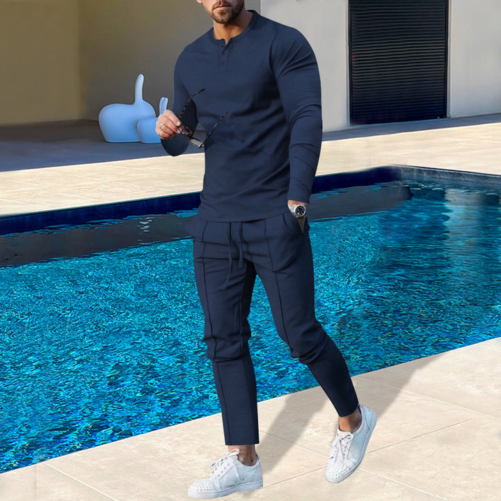 Men's nano athletic Henley long sleeve shirt and tapered jogging pants with decorative seams Mune Fashion