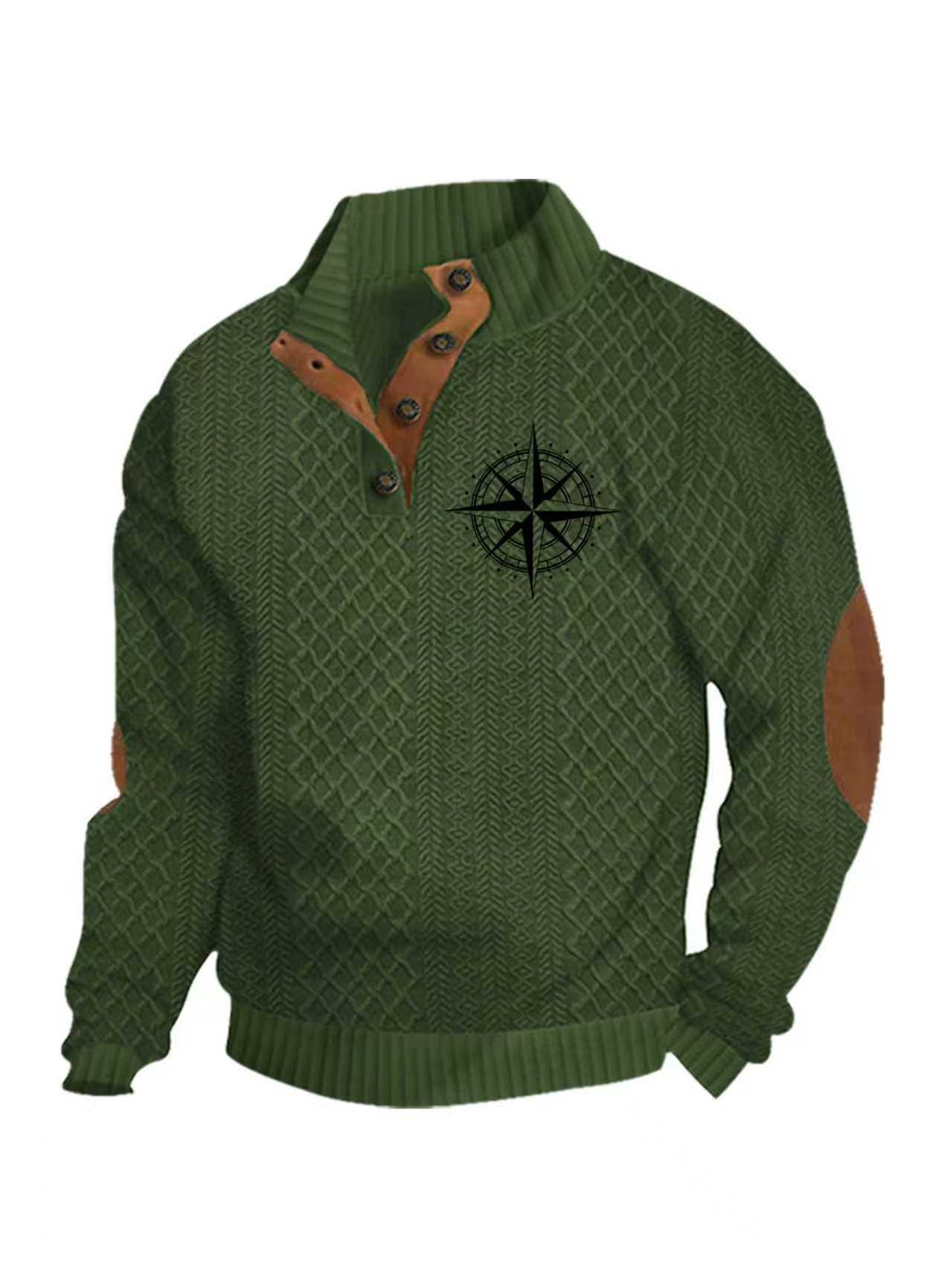 Men's nan Heritage textured pullover with stand-up collar faux leather trim elbow patches and half-button placket Mune Fashion