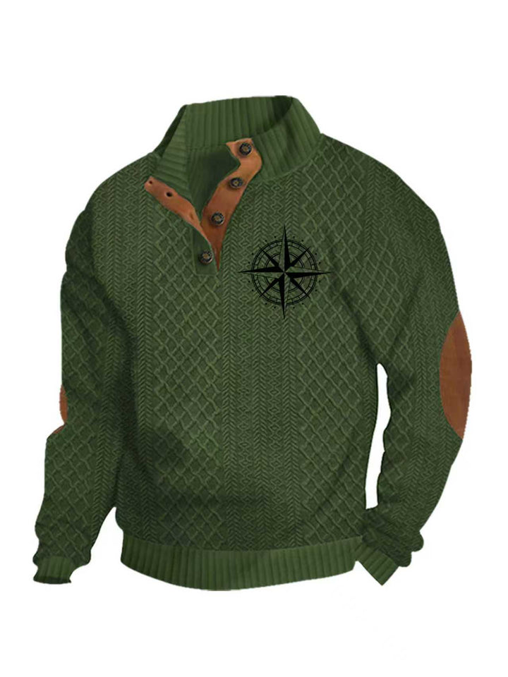 Men's nan Heritage textured pullover with stand-up collar faux leather trim elbow patches and half-button placket Mune Fashion
