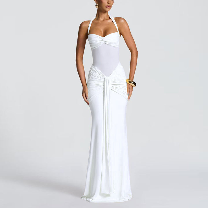 Women's figure-hugging halter evening dress with transparent mesh insert and gathered hip area Mune Fashion