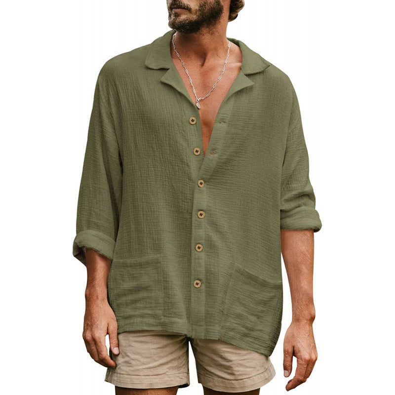 Men's airy cotton gauze shirt with open lapel collar, full button placket, and patch pockets Mune Fashion