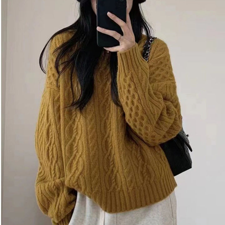 Women Oversize Cable Knit Sweater with Round Neck and Casual Shoulder Partie Mune Fashion