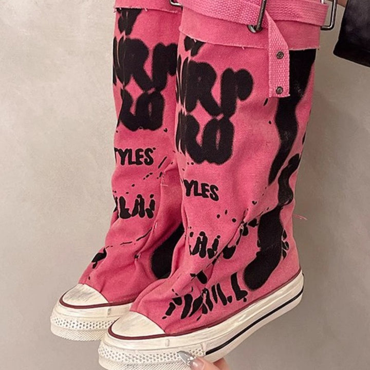 Women Casual Canvas Platform Sneakers with Split Shaft and Buckle Strap Mune Fashion