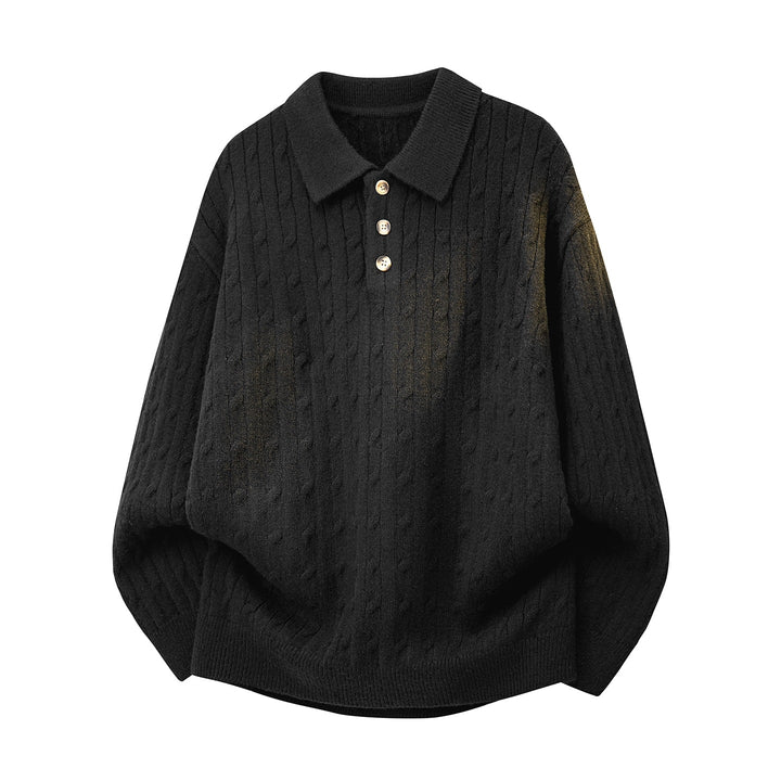 Men's Chunky Knit Oversized Polo Sweater with Button Placket & Cable Knit Pattern Mune Fashion