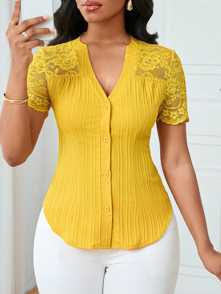 Women's Fitted Short Sleeve Blouse with Lace Sleeves and Button Placket Mune Fashion