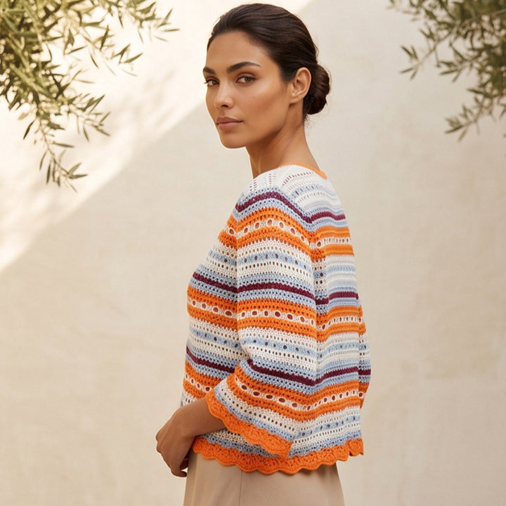 Women crocheted short jacket with shell hem, 3/4 sleeves & fine lace pattern Mune Fashion