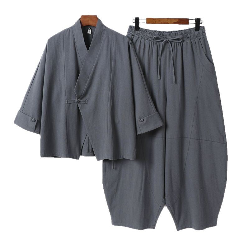 Men's Minimalist Kimono Lounge Set made of breathable cotton blend with balloon-shaped waistband pants Mune Fashion
