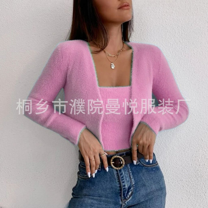 Women's Two-Piece Cropped Spaghetti Strap Top with Short Cardigan made of Soft Fine Knit Mune Fashion