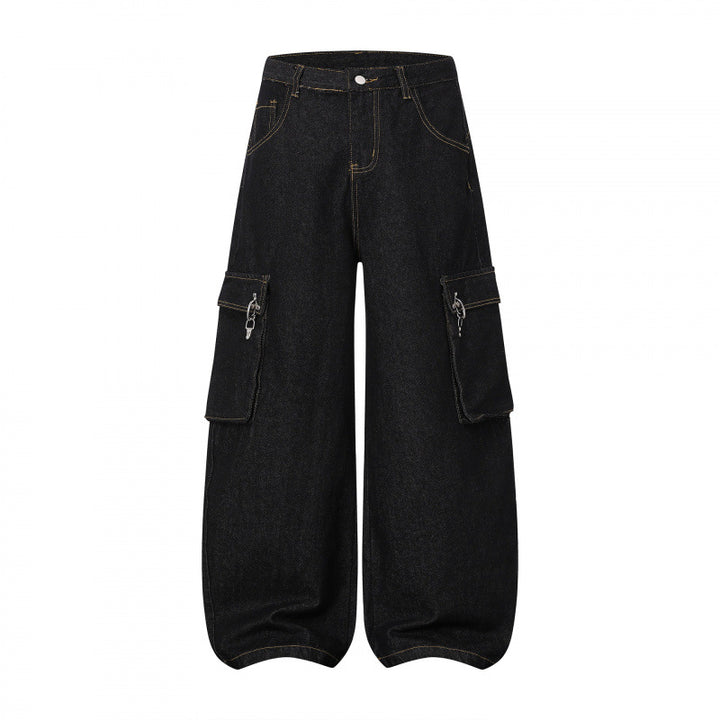 Women Balloon-shaped Cargo Jeans with High Waist, Wide Leg and Flap Pockets Mune Fashion