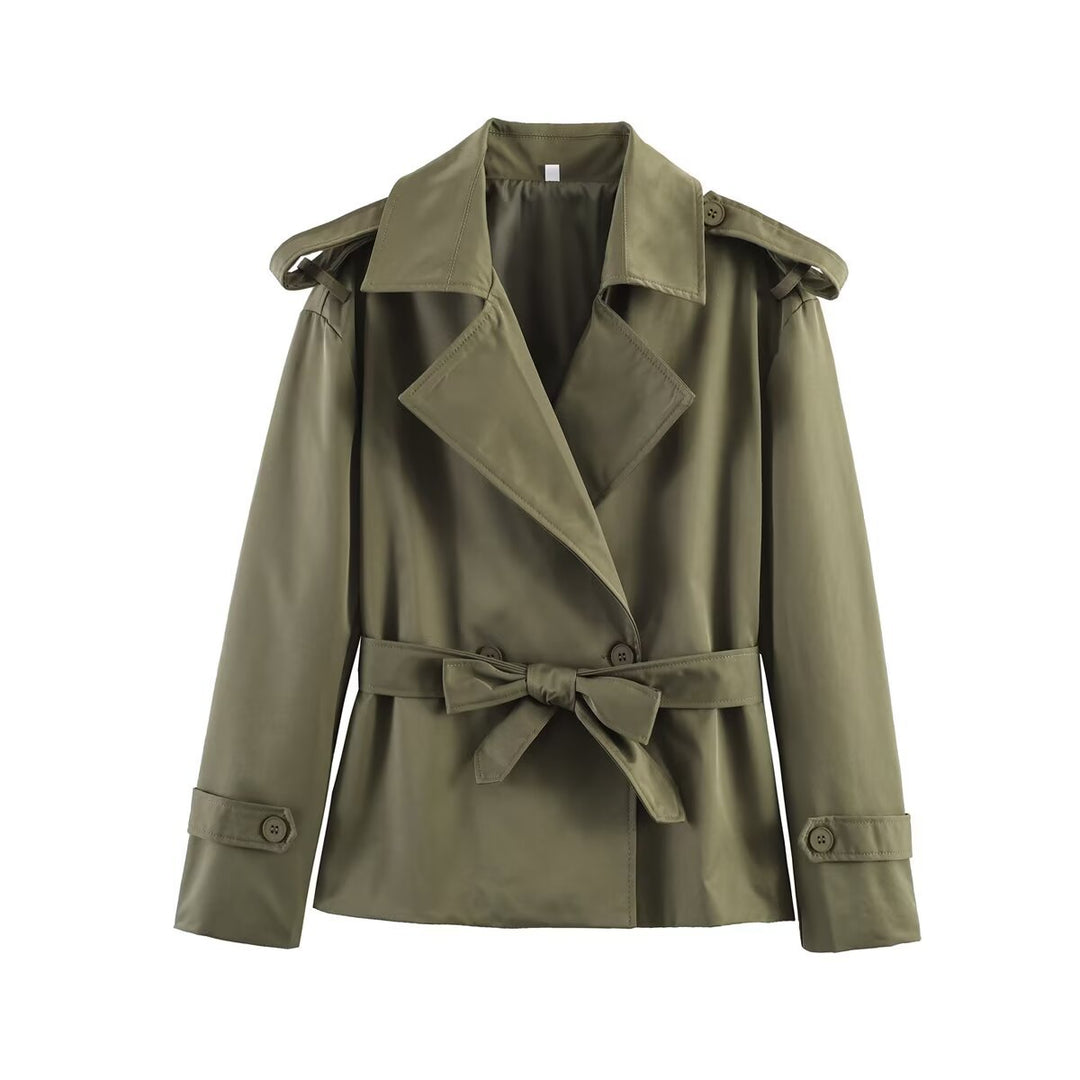 Women's Tailored Cropped Trench Coat with Wide Lapels, Belt and Epaulettes Mune Fashion