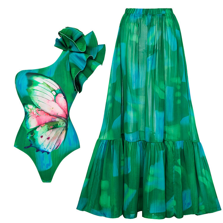 Women One-Sided Swimsuit with Artistic Butterfly Motif and Ruffles Mune Fashion
