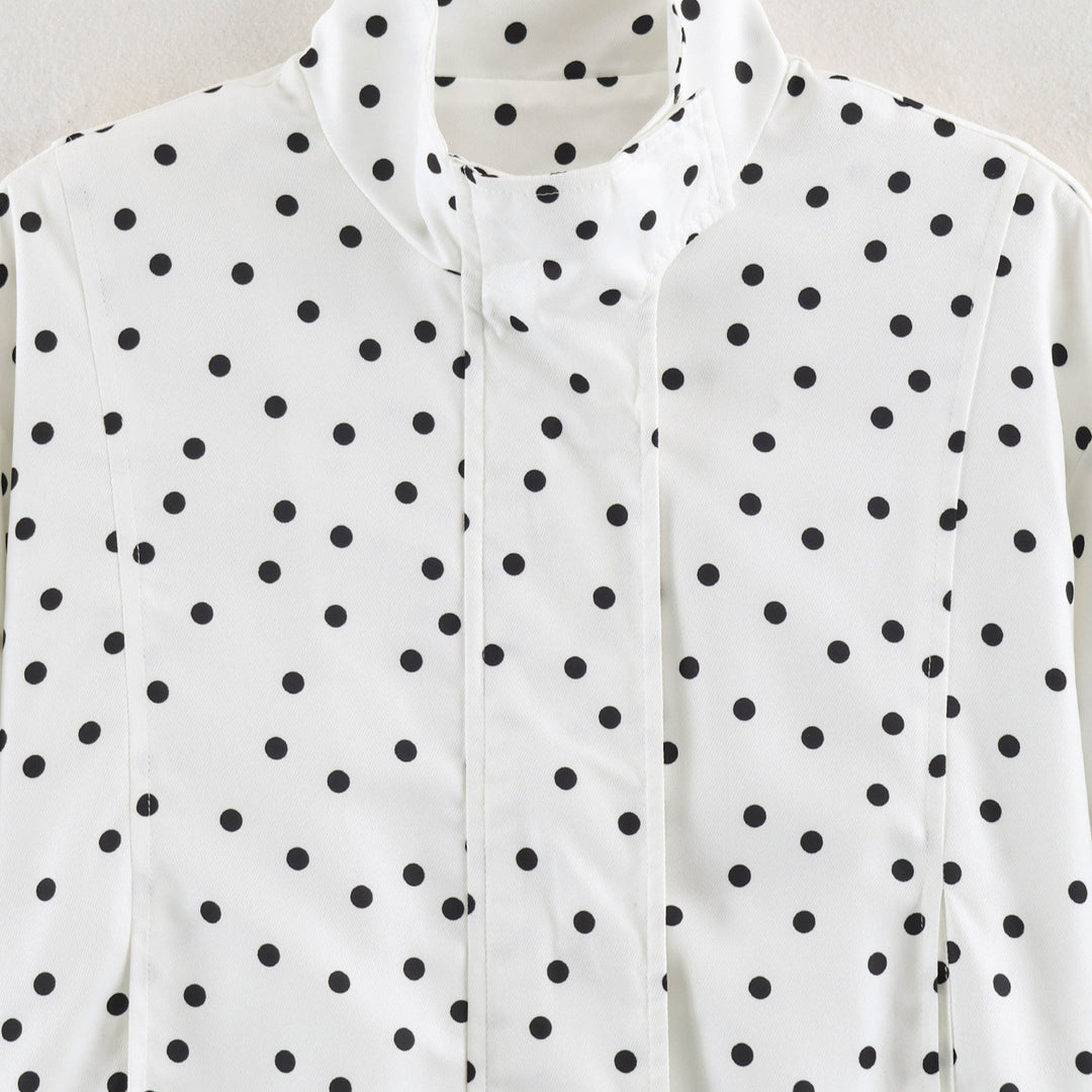 Women's Polka Dot Cropped Blouse with Stand Collar and Concealed Button Placket Mune Fashion