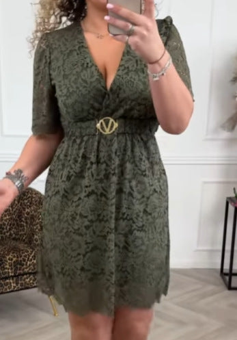 Women's knee-length lace dress with V-neck, shaped bustier and decorative waist belt Mune Fashion