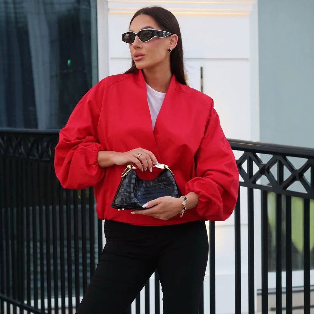 Women short cut oversized wrap jacket with balloon sleeves Mune Fashion