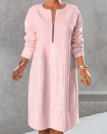 Women’s knitted ribbed tunic dress with half zip and casual A-line Mune Fashion