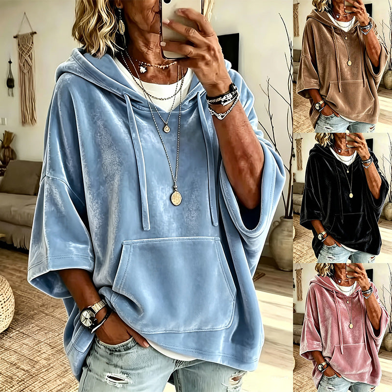 Women Oversize Velvet Hoodie with Three-Quarter Sleeves and Kangaroo Pocket Mune Fashion