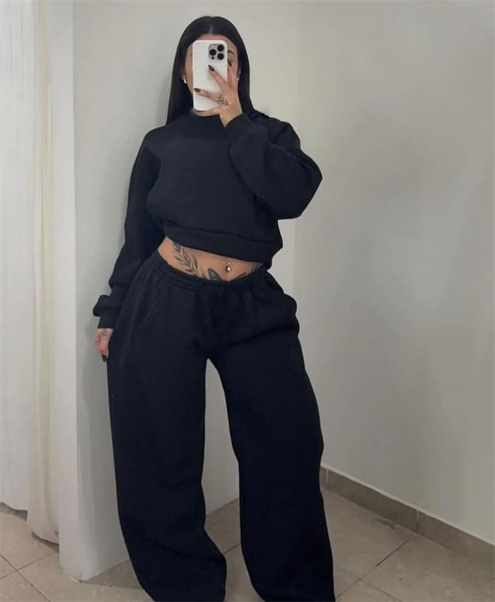 Women's Cropped Sweatshirt with High Round Neck and Elastic Drawstring Wide-Leg Jogging Pants Set Mune Fashion