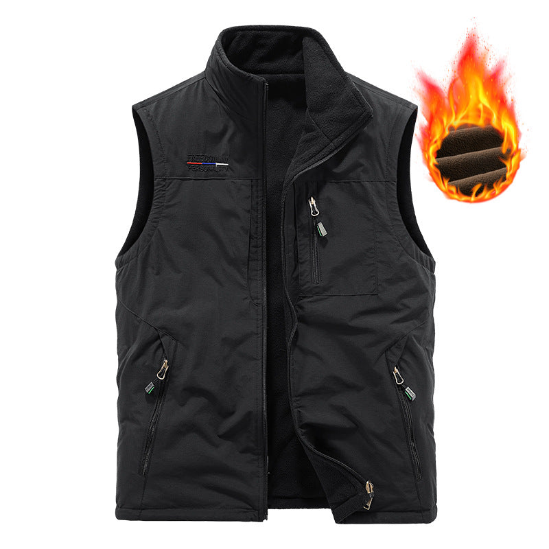 Men's padded thermo outdoor vest with soft fleece lining, high stand-up collar and multiple zip pockets.