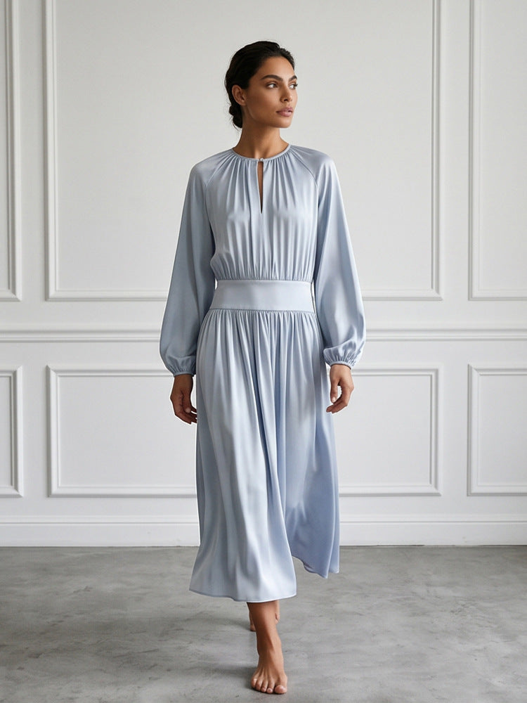 Women's Flowing Midi Dress with Wide Waistband, Gathered Top and Balloon Sleeves Mune Fashion