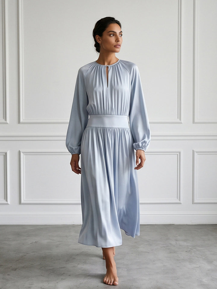 Women's Flowing Midi Dress with Wide Waistband, Gathered Top and Balloon Sleeves Mune Fashion