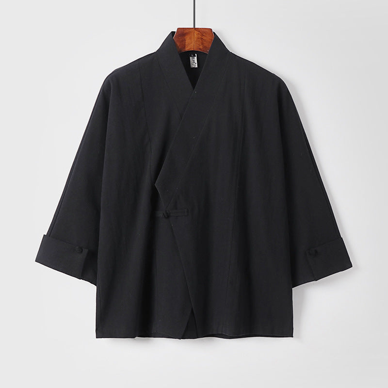 Men's Linen Kimono Jacket with Traditional Knot Closure and Medium-Length Sleeves Mune Fashion