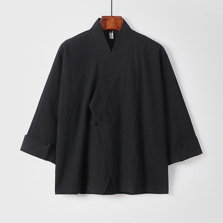 Men's Linen Kimono Jacket with Traditional Knot Closure and Medium-Length Sleeves Mune Fashion