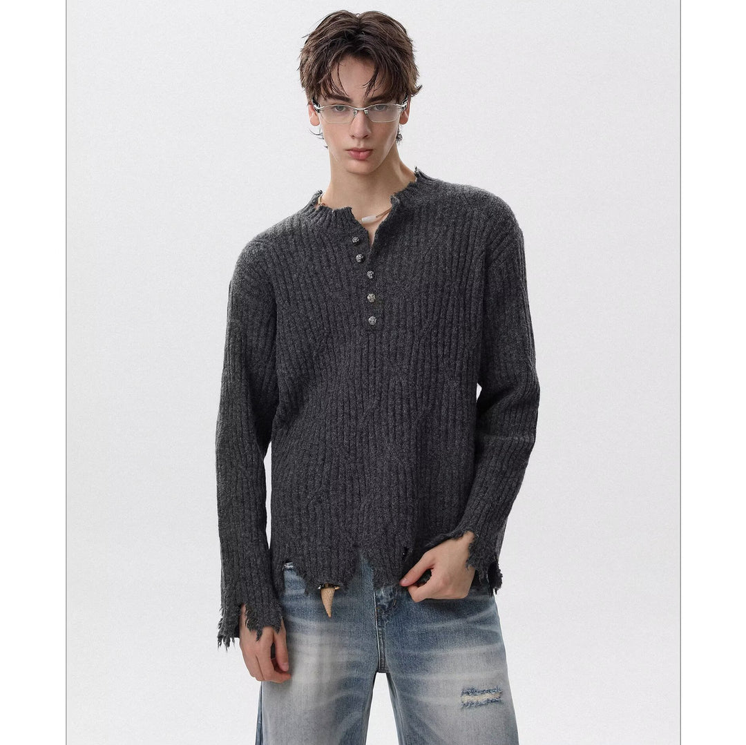 Men's Casual Chunky Knit Sweater with Button Placket and Frayed Hem Mune Fashion