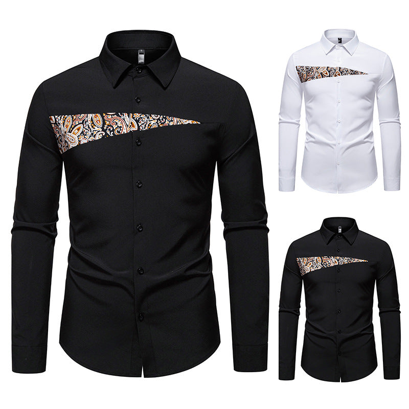 Men's Slim-Fit Business Shirt with Paisley Chest Insert and Kent Collar Mune Fashion
