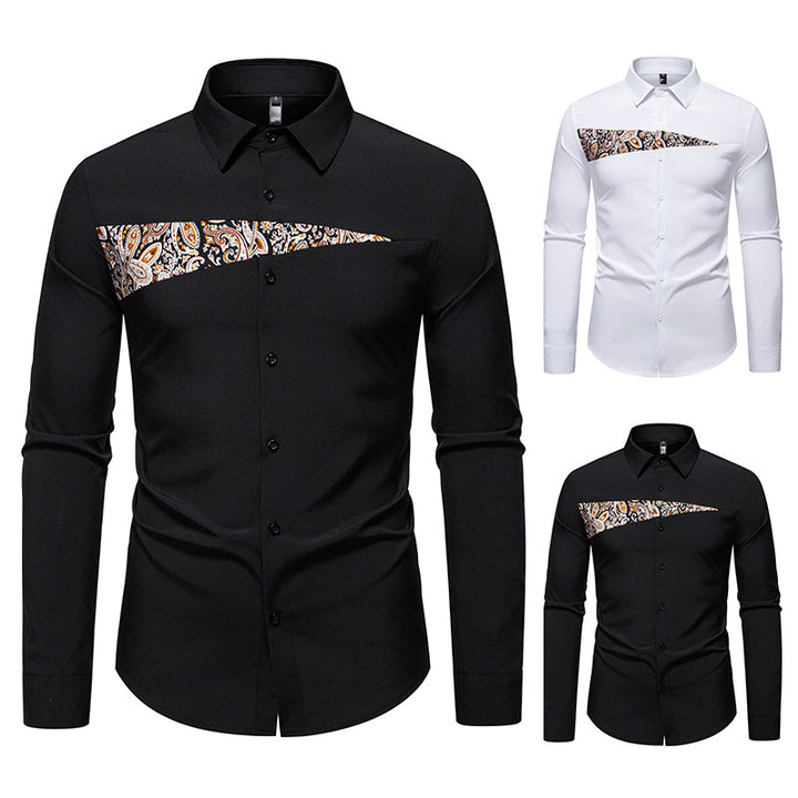 Men's Slim-Fit Business Shirt with Paisley Chest Insert and Kent Collar Mune Fashion