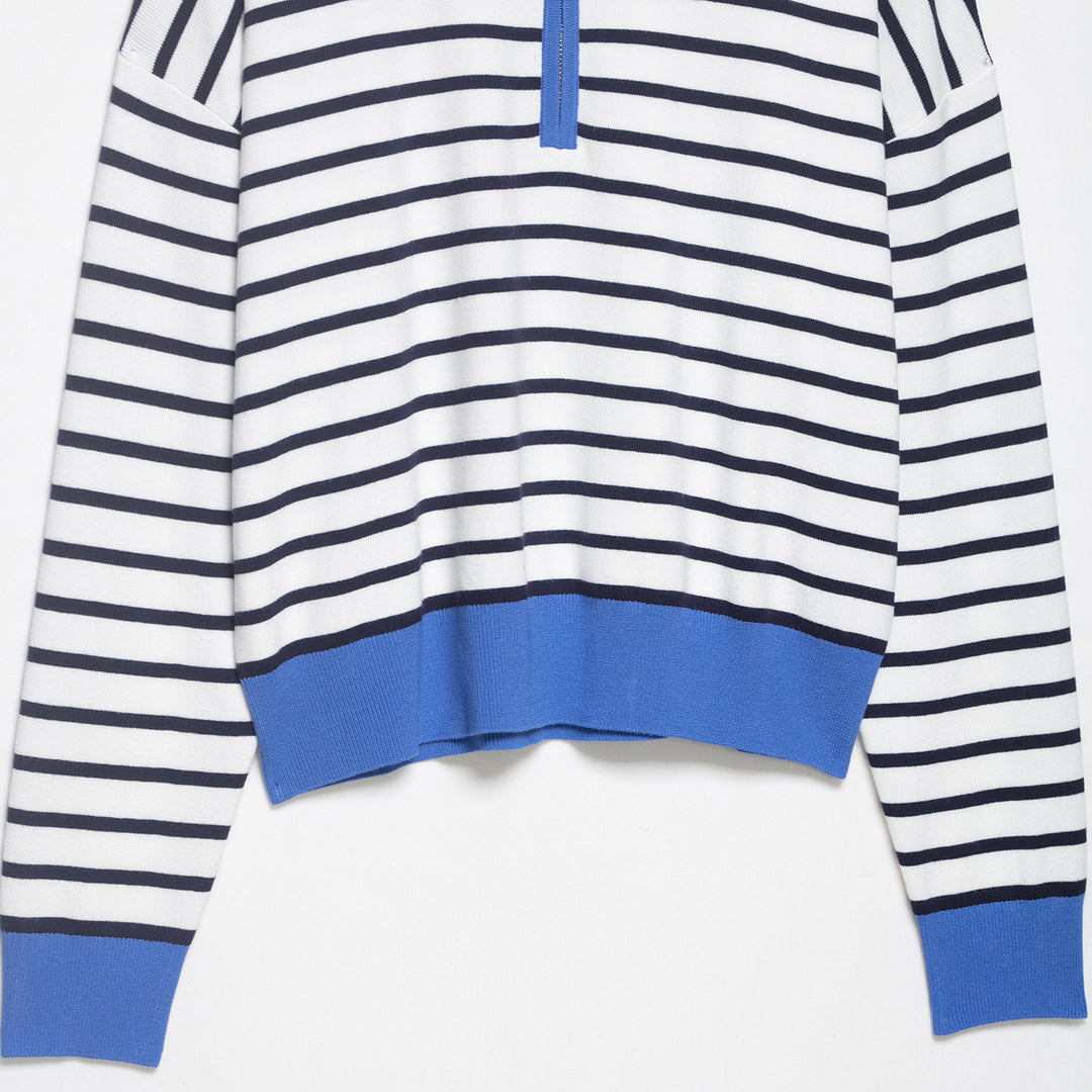 Women's Striped Cropped Knit Polo with Half Zipper and Wide Ribbed Cuff Mune Fashion