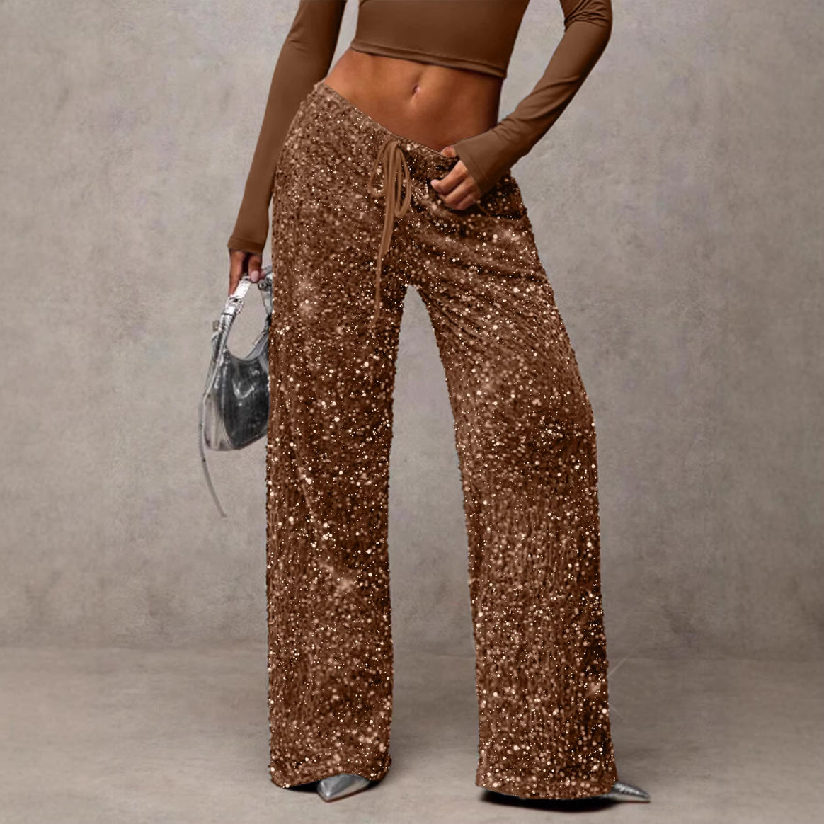 Women Sequin Palazzo Trousers with High Waist and Drawstring Mune Fashion