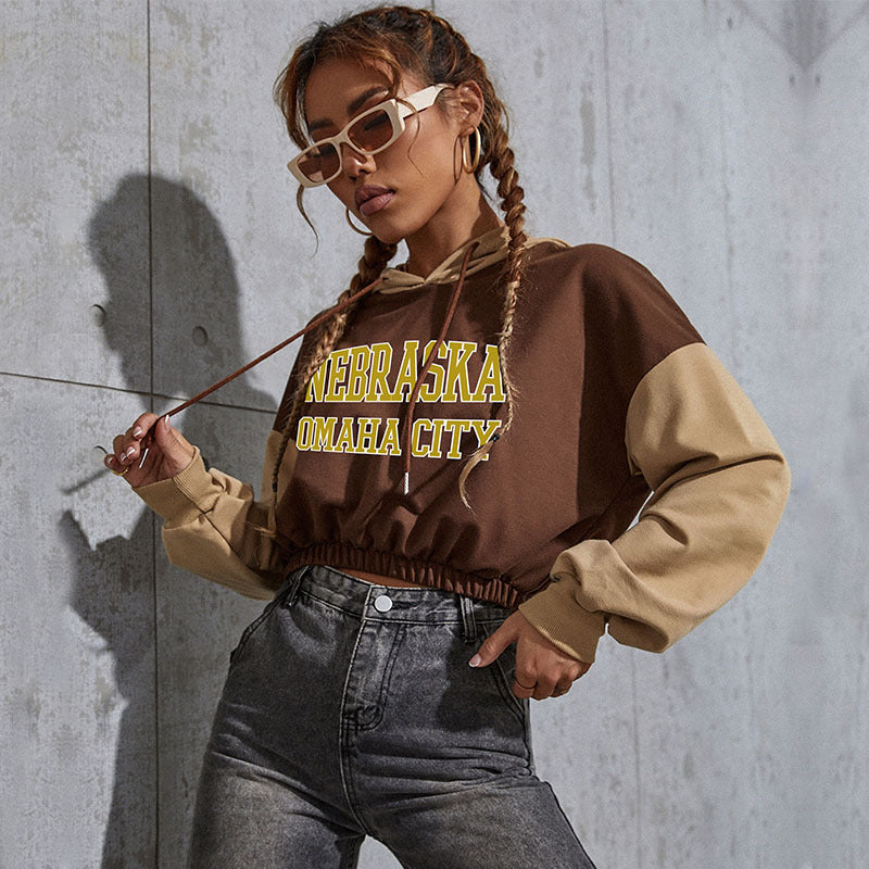 Women's Cropped Hoodie with Contrast Sleeves, Elastic Hem and Melting Smiley Print