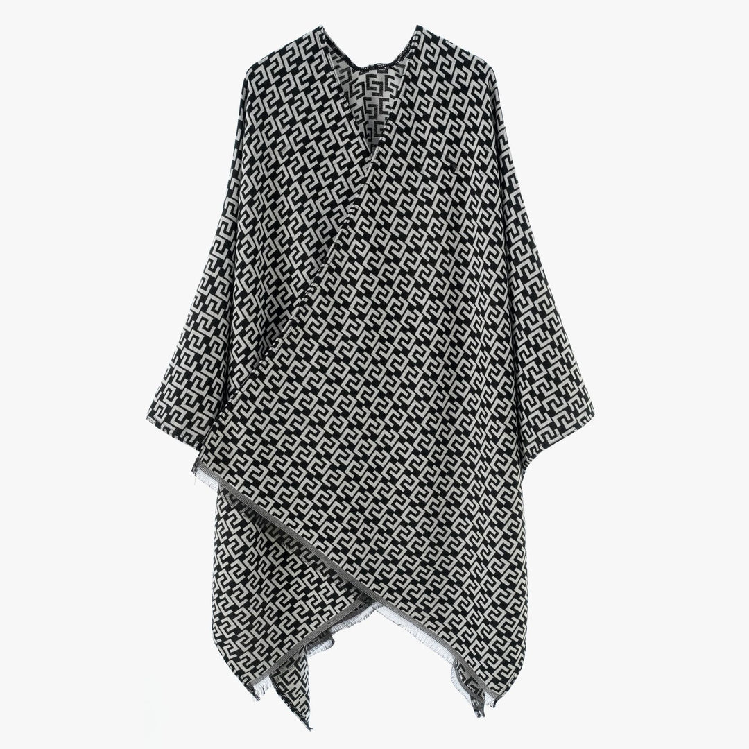 Women's Open Jacquard Poncho in Kimono Cut with Geometric Allover Pattern Mune Fashion