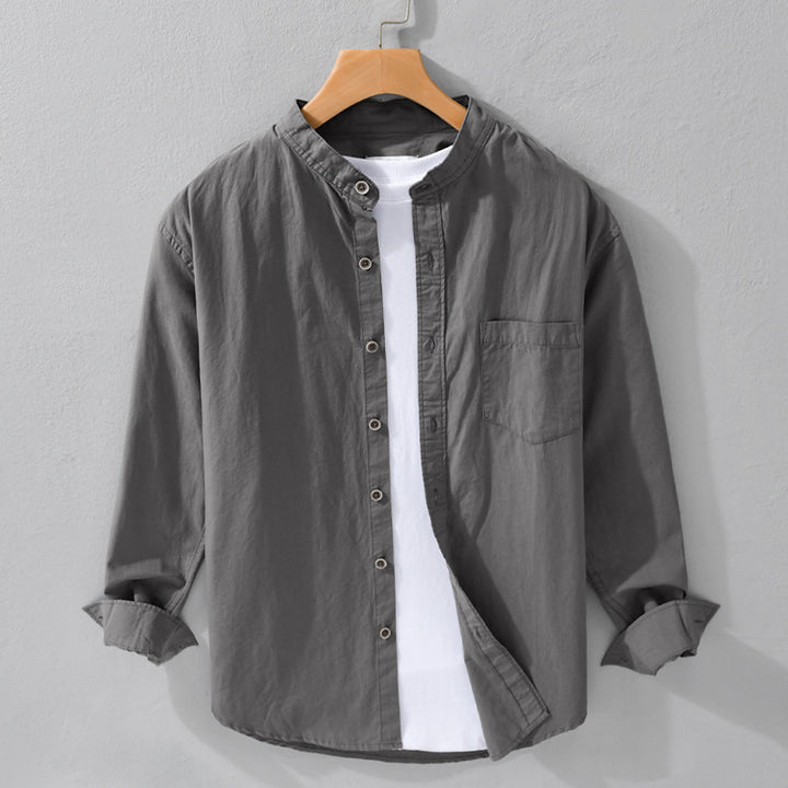 Men's shirt jacket in Mandarin style made of cotton twill, relaxed fit, with patch chest pocket and wooden buttons Mune Fashion