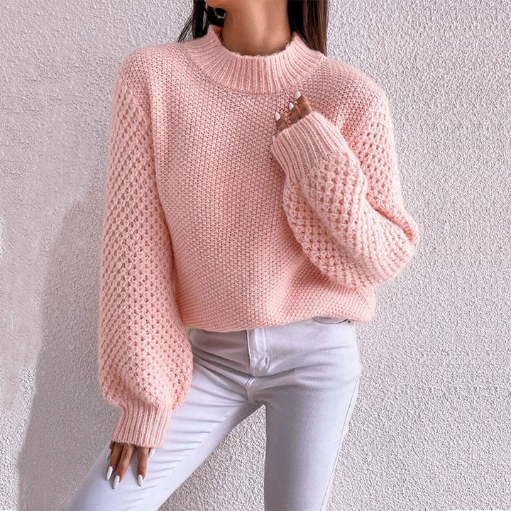 Women's Short-Cut Chunky Knit Sweater with Voluminous Mesh-Structure Sleeves and Stand-Up Collar Mune Fashion