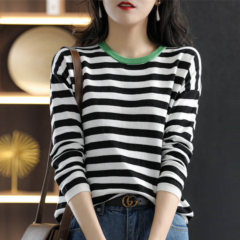 Women Maritime-inspired striped fine knit shirt with wide boat neck and contrast trim Mune Fashion