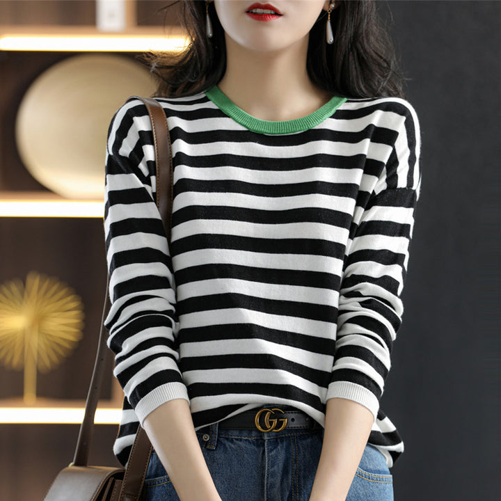 Women Maritime-inspired striped fine knit shirt with wide boat neck and contrast trim Mune Fashion