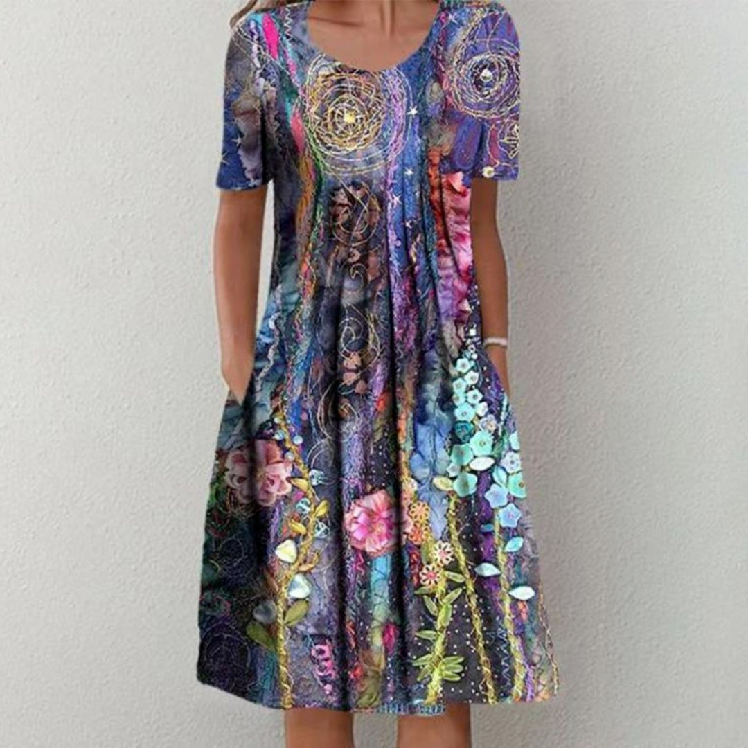 Women Pleated Midi Dress with Short Sleeves, Side Pockets and Floral Hem Mune Fashion