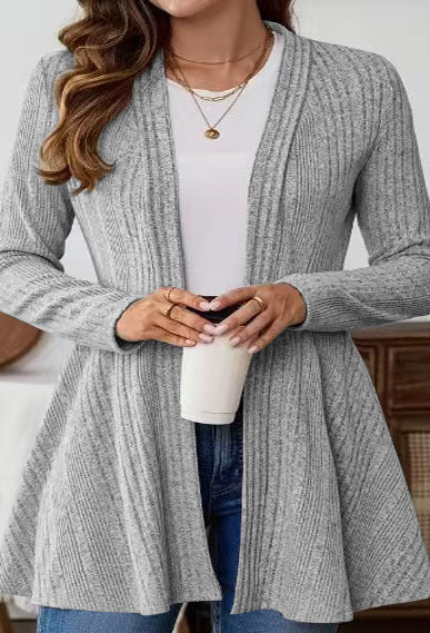 Ladies Open Fine Knit Cardigan with Ribbed Structure, Tailored Cut and Swinging Hem Mune Fashion