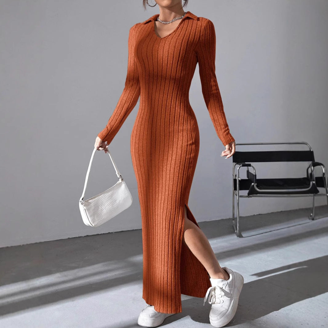 Women's Maxi Dress with Structured V-Neck and Side Slits Mune