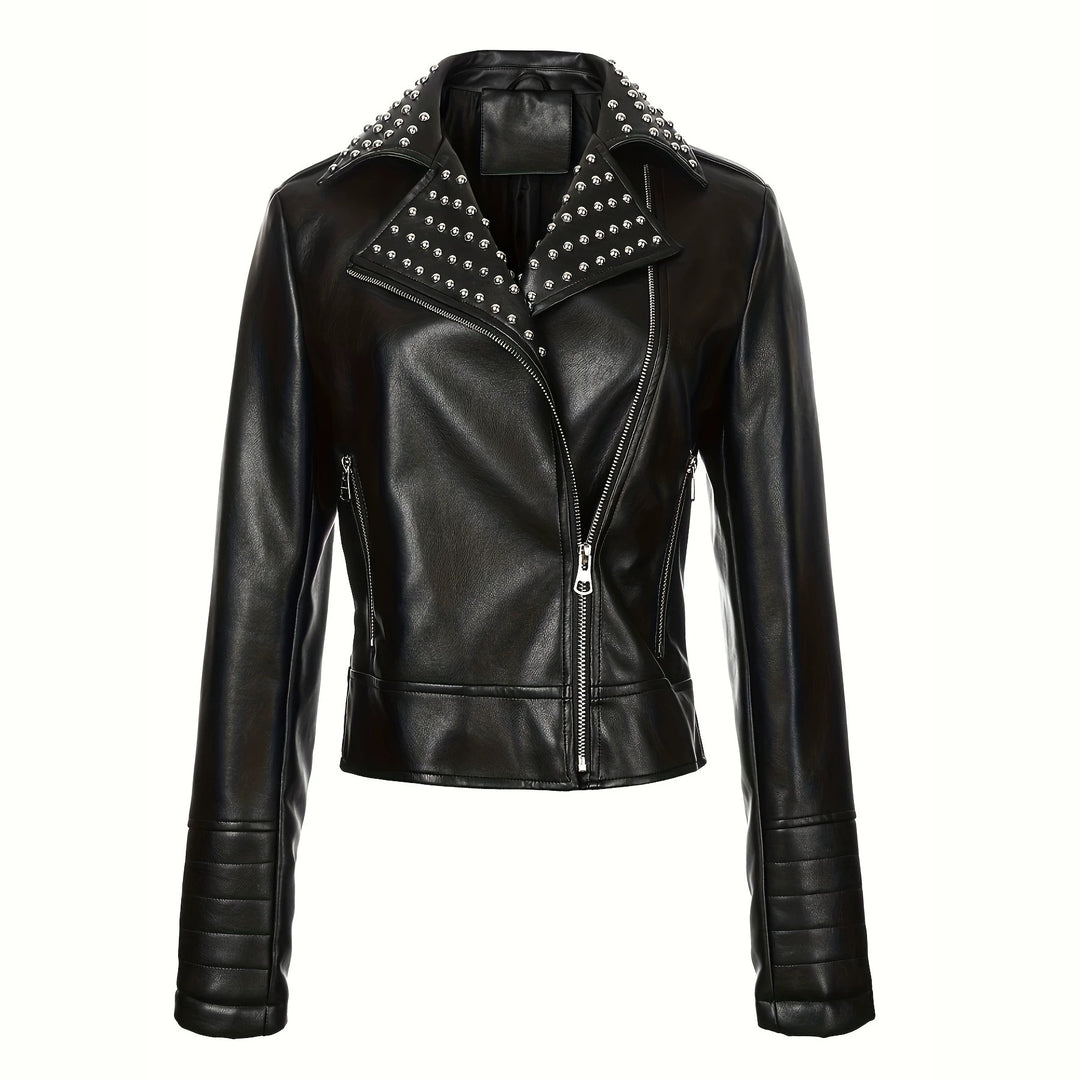 Women's Asymmetrical Biker Jacket made of Faux Leather with Studded Lapel and Quilted Arm Zone Mune Fashion