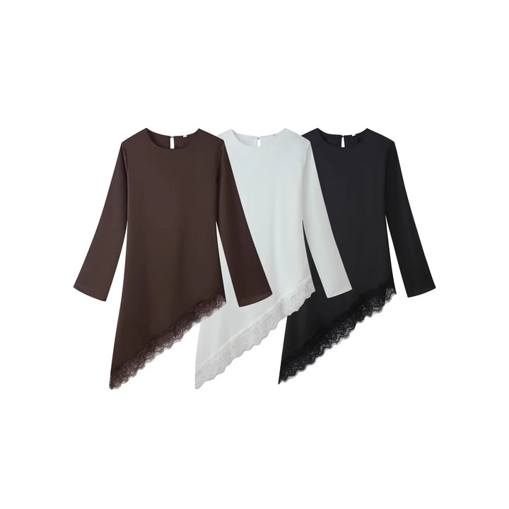 Women's Asymmetrical Long Sleeve Tunic with Lace Trim and Asymmetrical Hem Mune Fashion