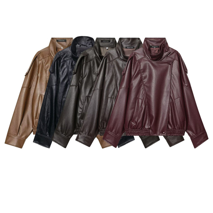 Ladies short-cut faux leather pilot jacket with high stand-up collar and shoulder straps Mune Fashion