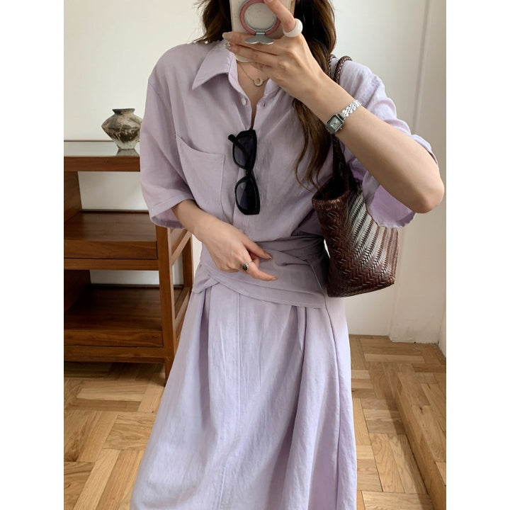 Women's Two-Piece Linen Look Blouse and Midi Skirt Set with Tailored Waist Mune Fashion