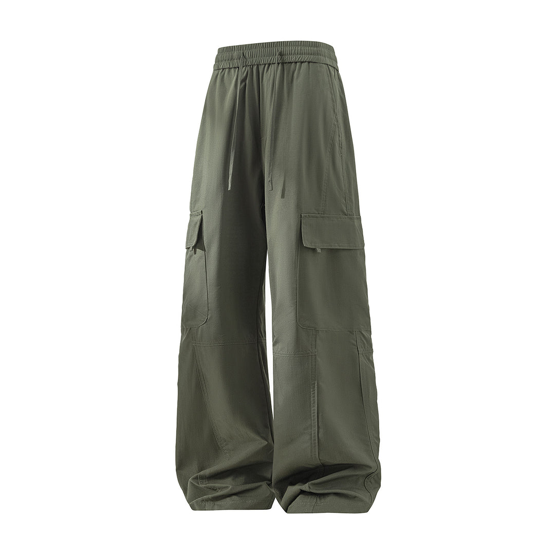 Men's Wide Cargo Pants with Tunnel Drawstring Waist, Utility Flap Pockets & Relaxed Baggy Silhouette Mune Fashion
