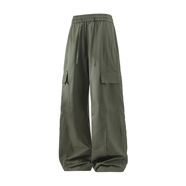 Men's Wide Cargo Pants with Tunnel Drawstring Waist, Utility Flap Pockets & Relaxed Baggy Silhouette Mune Fashion