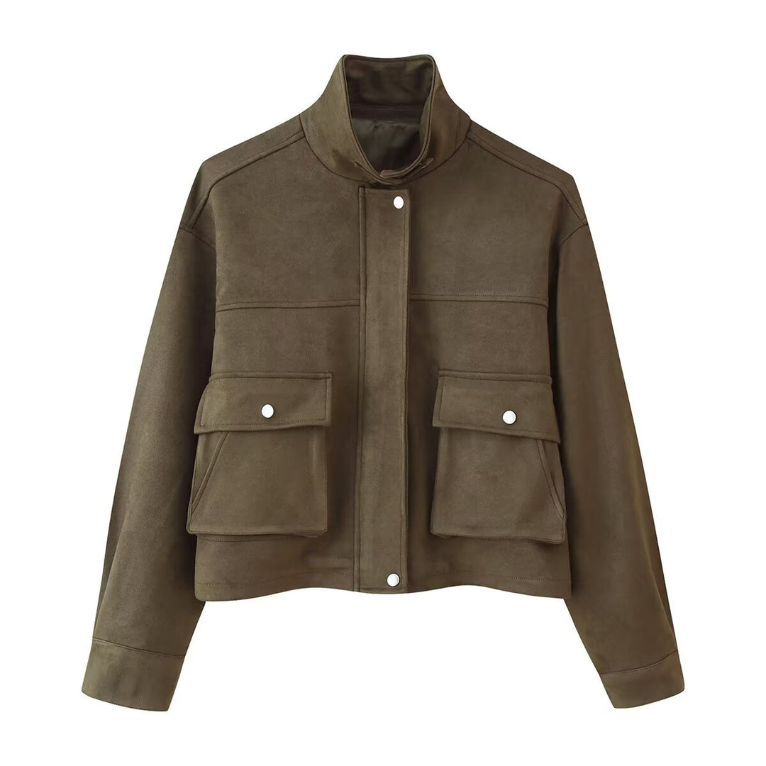 Women's short jacket in utility style made of suede look with stand-up collar and cargo flap pockets Mune Fashion